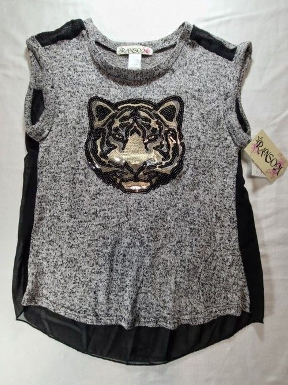 Ransom Tiger Sequin Top Medium Gray Black Mesh Back Sleeveless NWT